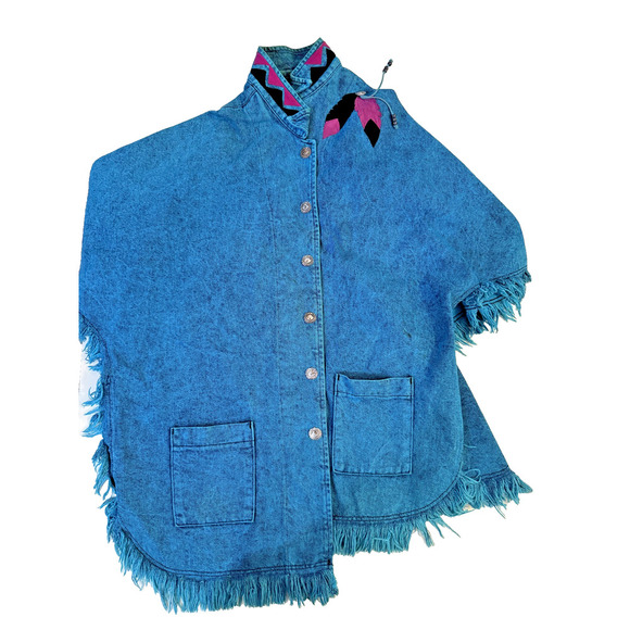 Vintage 90s Aztec Jacket Womens LG Denim Western Fringed Dreamcatcher Poncho - Picture 3 of 7